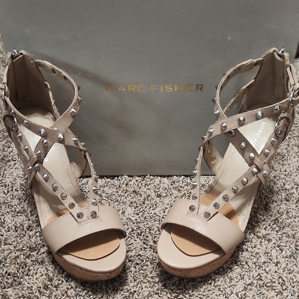 Marc Fisher Light Natural Leather Studded Wedge Sandals. Size 7 1/2, 4" Wedge.